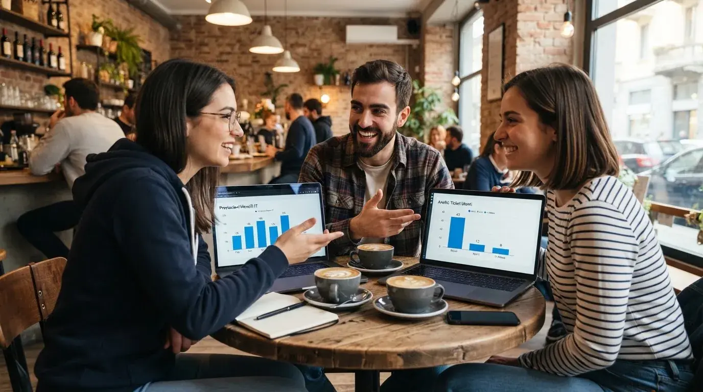 Un gruppo di tre persone confronta opinioni sorridendo attorno a un tavolo da caffè, con laptop e tazze fumanti davanti a loro.